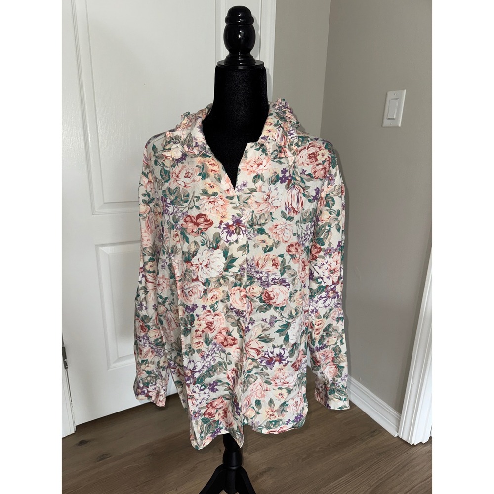 Vintage David Brooks Floral Ruffle Collar Blouse 90s Cottagecore Pink Green 12